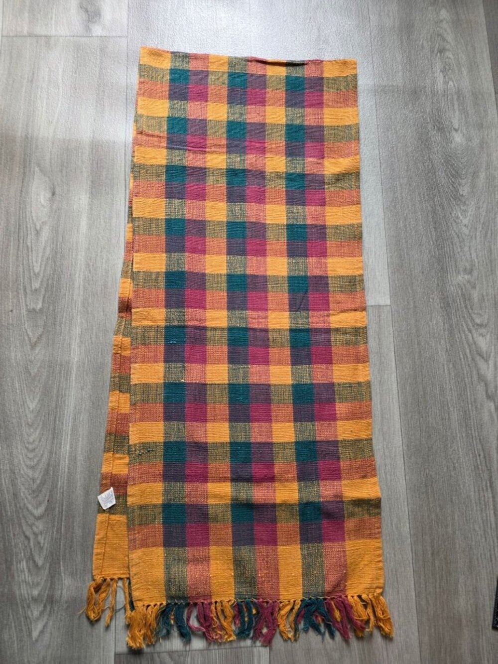 Vintage Multicolor Plaid Handwoven Cotton Table Runner With Fringe 66" x 14"